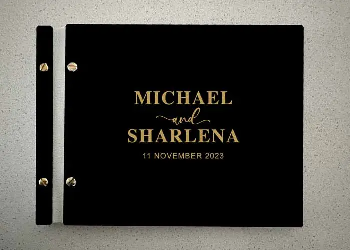 Gold Text on Black Acrylic Guest Book