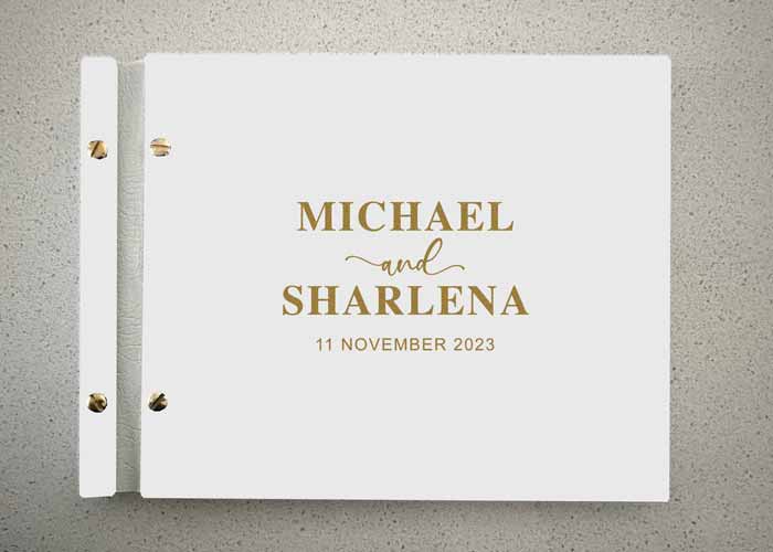 Gold Text on White Acrylic Guest Book