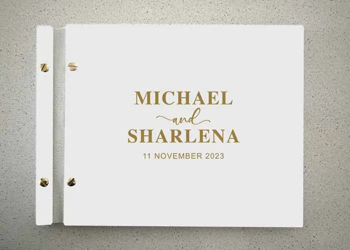 Gold Text on White Acrylic Guest Book